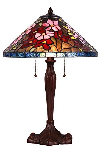 Handcrafted Tiffany Style Table Floral Amber Reds Lamp Shade Brass Bronze Patina Base Home Accent