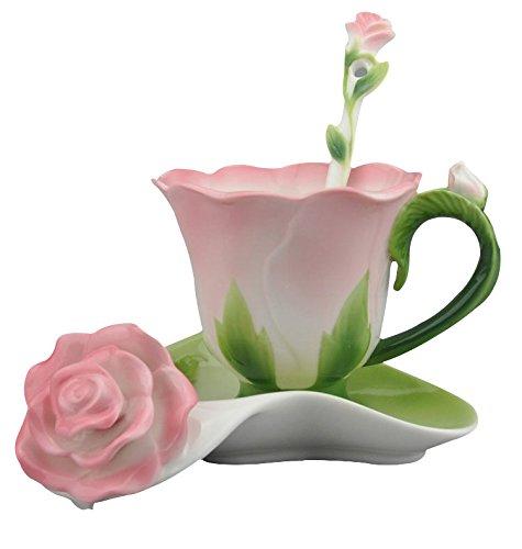 Hand Crafted Pink Rose Bud Cup Collection Porcelain Spoon Saucer Collectable Whimsical Home Accent