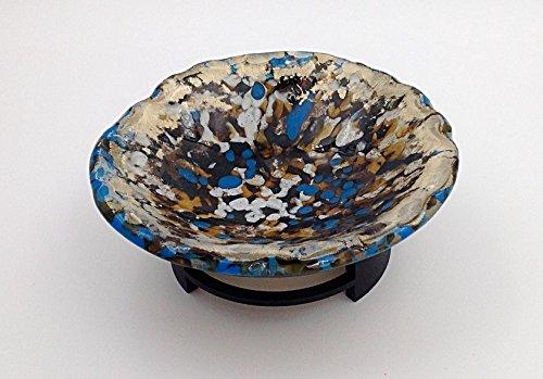 Handcrafted Fused Glass Decorative Bowl with Gold Metallic Accents and Stand