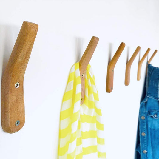 Rustic Wall Mounted Coat Hooks Handmade Natural Beech Wood Hook (Pack of 2) Vintage Wooden Hat Rack Entryway Bathroom Organizer Hanger Craft Single Towel Hangers Home and Kitchen Use Keys (Pack of 2)