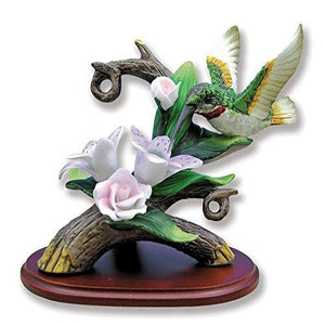 Hand Crafted Hummingbird Figurine Porcelain with Lily Flower on Wood Base(2737)