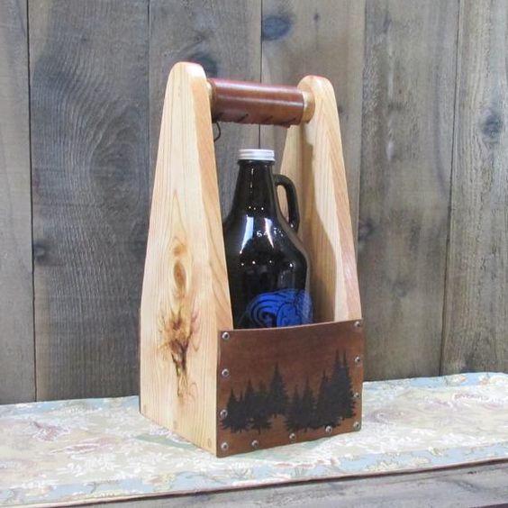 Single Growler Knotty Pine Tree Beer Carrier - Forest Scene on Leather