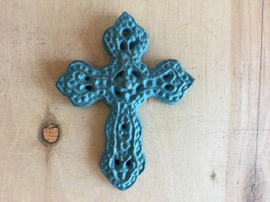 Small Antique Replica Aqua Shabby Chic Craft Cast Iron Cross lot of 2