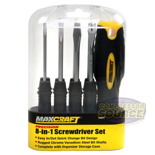 Maxcraft 60607 8-In-1 Screwdriver Set Phillips Slotted Bits Storage Case Rugged