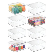 Load image into Gallery viewer, Purchase mdesign stackable plastic craft sewing crochet storage container bin with attached lid compact organizer and holder for thread beads ribbon glitter clay small 3 high 8 pack clear