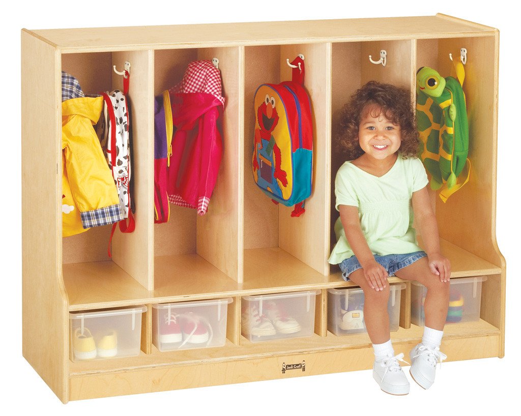 Jonti-Craft® Toddler 5 Section Coat Locker with Step - with Clear Trays