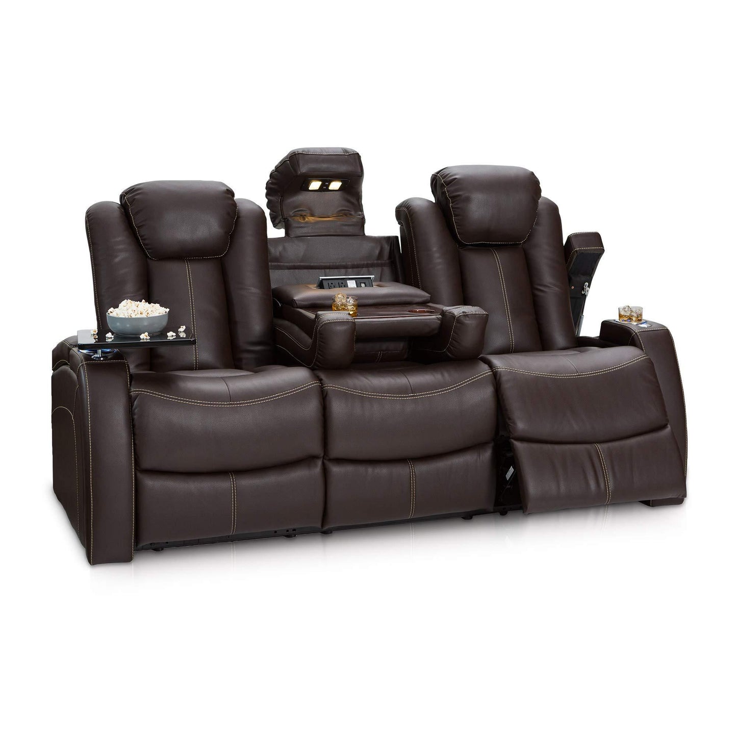 Organize with seatcraft 162e51151559 v1 omega home theater seating leather gel recline sofa with adjustable powered headrests fold down table and lighted cup holders brown