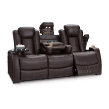 Load image into Gallery viewer, Organize with seatcraft 162e51151559 v1 omega home theater seating leather gel recline sofa with adjustable powered headrests fold down table and lighted cup holders brown