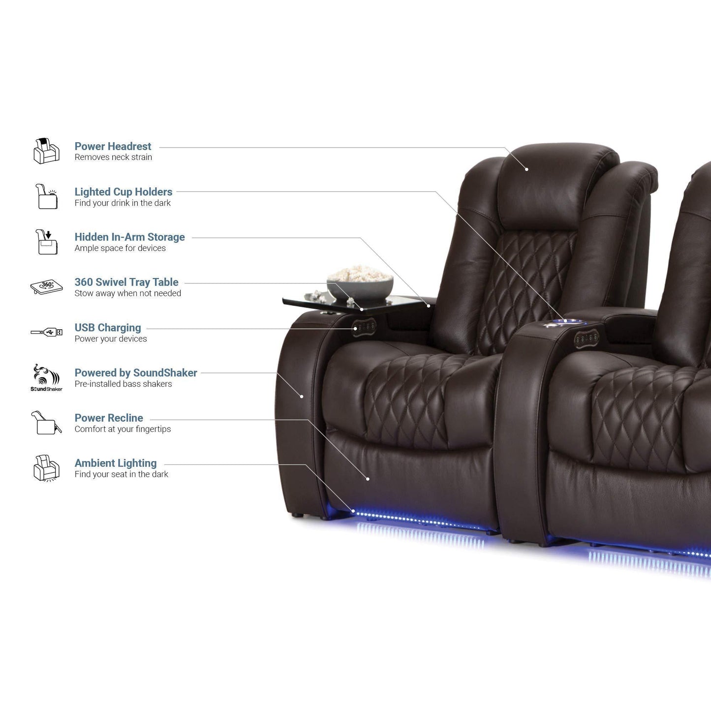 Save seatcraft diamante home theater seating leather power recline with adjustable powered headrest soundshaker usb charging cup holders ambient lighting row of 2 brown