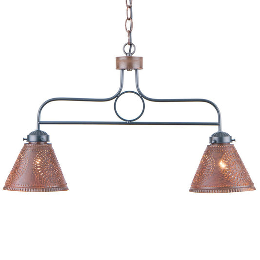 WROUGHT IRON BAR ISLAND LIGHT Handcrafted Hanging Fixture with Punched Tin Shades in 2 Finishes