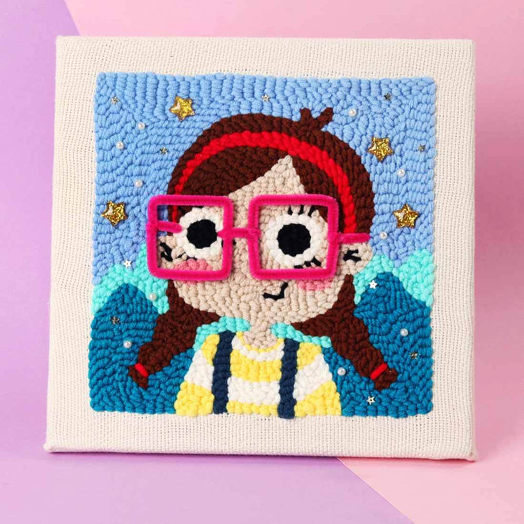 Little Girl with GlassesDIY Rug Hooking Punch Needle Embroidery Hand Craft