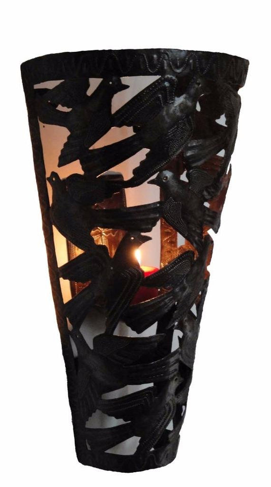 Haitian Metal Wall Art Handcrafted Hanging Candle Sconce Bird Flight Flock Scene