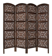Load image into Gallery viewer, Selection rajasthan antique brown 4 panel handcrafted wood room divider screen 72x80 intricately carved on both sides reversible hides clutter adds decor divides the room antique brown rajasthan