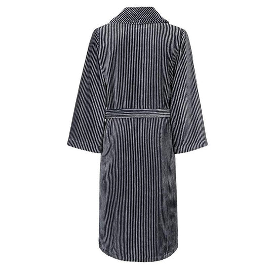 Mystique Lounge Robe Slippers Set Black-Silver Grey Stripe Velour Egyptian Cotton, Crafted in Europe