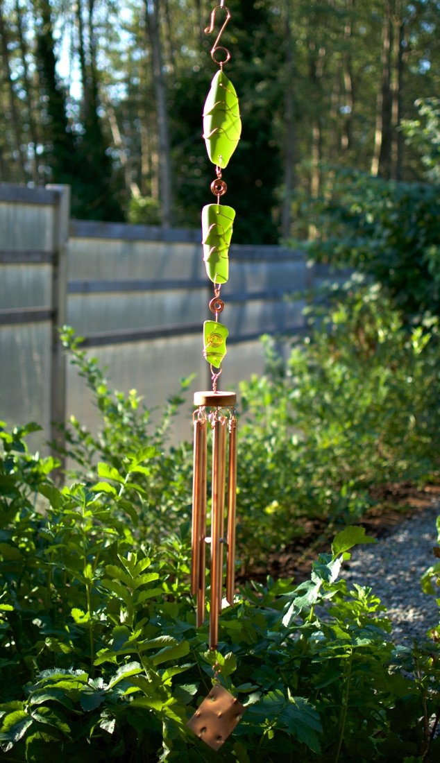 Green Glass Copper Handcrafted Art Wind Chime Garden Decor