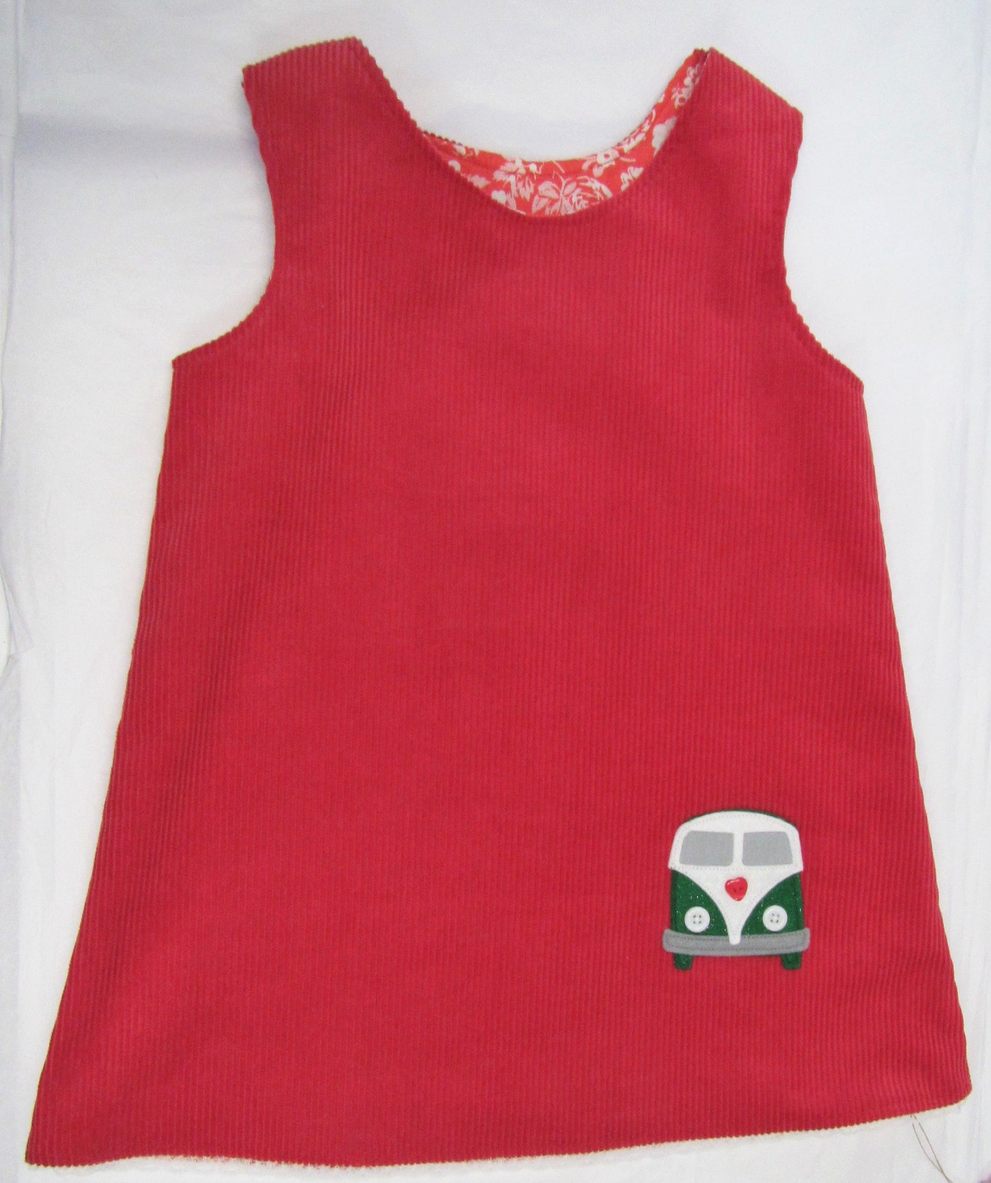 Handcrafted red cord camper van pinafore 3-4 years