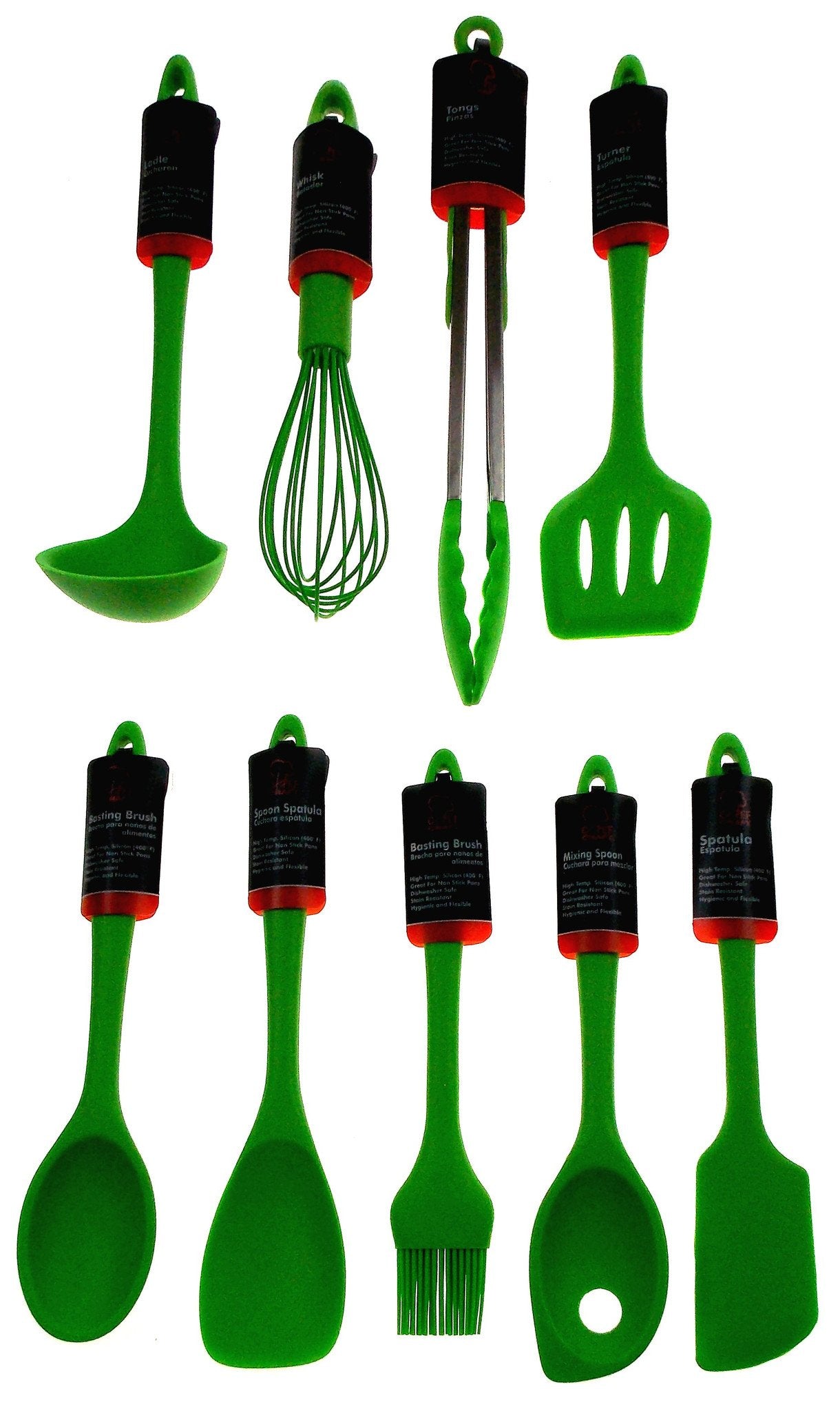 Set 9 Green Kitchen Utensil Silicone Chef Craft Tongs Wisk Basting Spoon Spatula