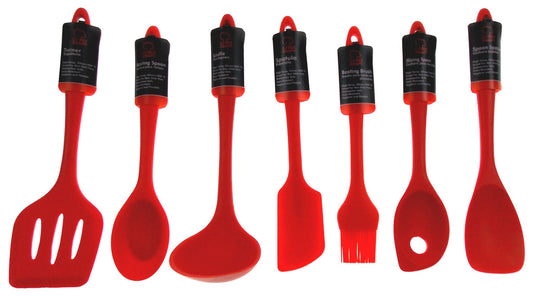 Set 7 Red Kitchen Utensil Silicone Chef Craft Ladle Basting Brush Mixing Spoon