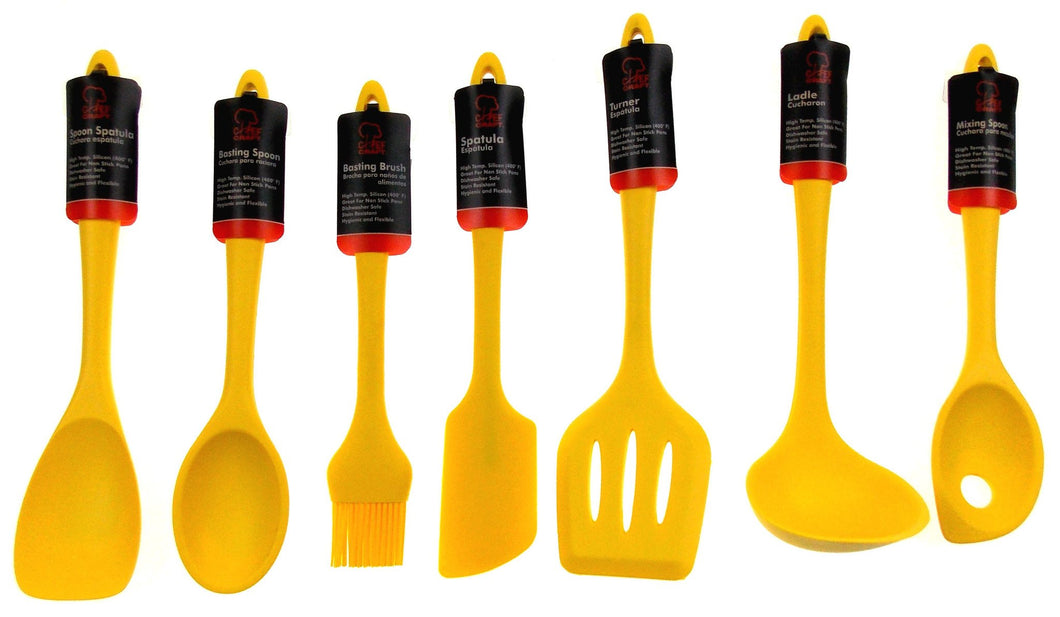 Set of 7 Yellow Kitchen Utensil Silicone Chef Craft Spoon Spatula Basting Brush