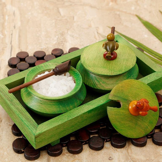 Wooden Parrot Jar Set With Tray & Spoon In Green