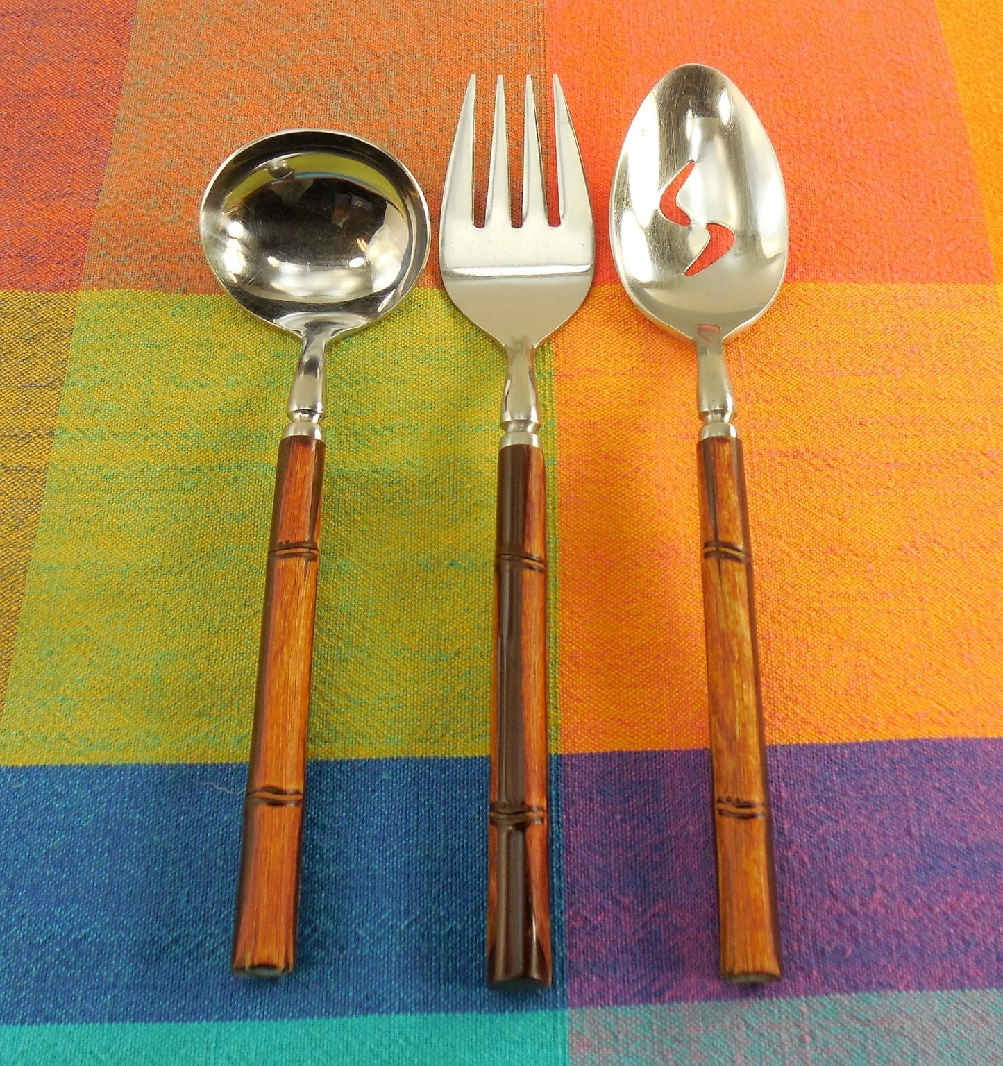 SOLD... ReBacraft Reed & Barton Flatware - Brown Bamboo Wood Cane Handle Stainless Steel - Serving Ladle Spoon Meat Fork