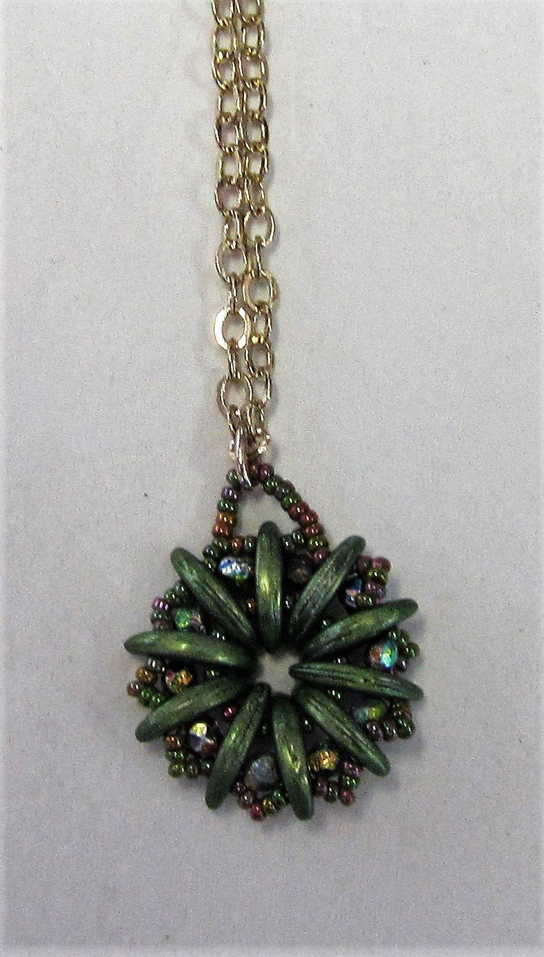 Handcrafted green beaded flower pendant on gold plated necklace