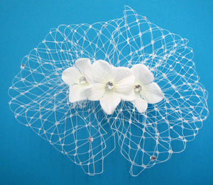 Handcrafted bridal hair piece slide white diamante netted with flowers with diamante centre