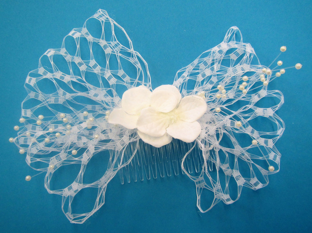 Handcrafted bridal hair piece slide white net with flowers and pearls