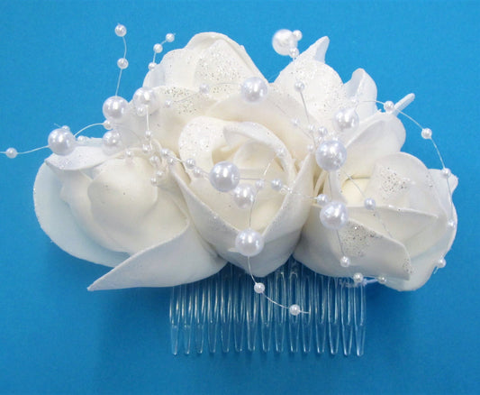 Handcrafted bridal hair piece slide with 5 roses with pearls