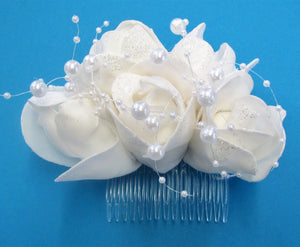 Handcrafted bridal hair piece slide with 5 roses with pearls
