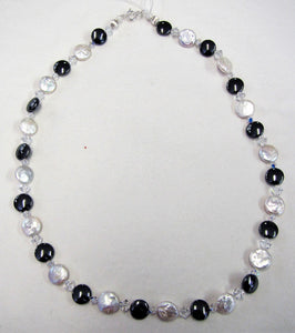 Handcrafted necklace with freshwater pearls, swarovski crystals and hematite