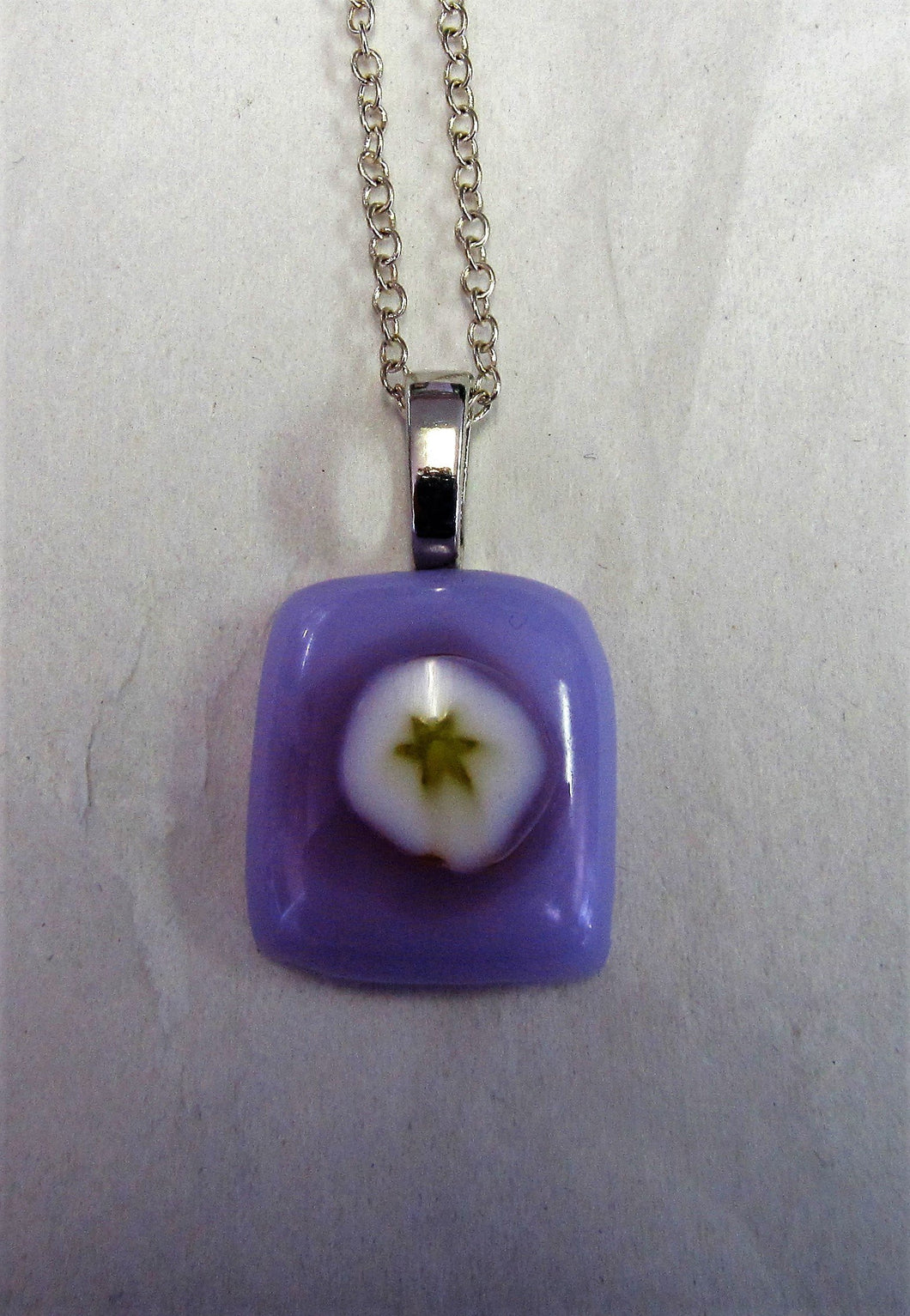 Handcrafted fused glass lilac glass pendant on sterling silver necklace