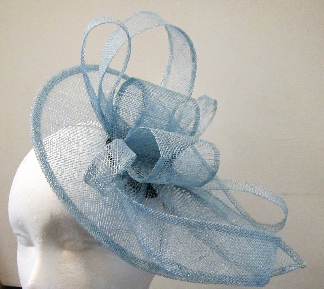 Handcrafted light blue bows teardrop fascinator on a hair band