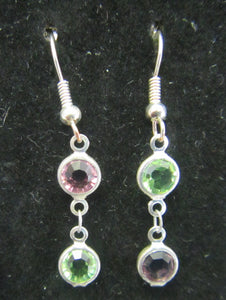 Handcrafted sterling silver pink and green crystal earrings