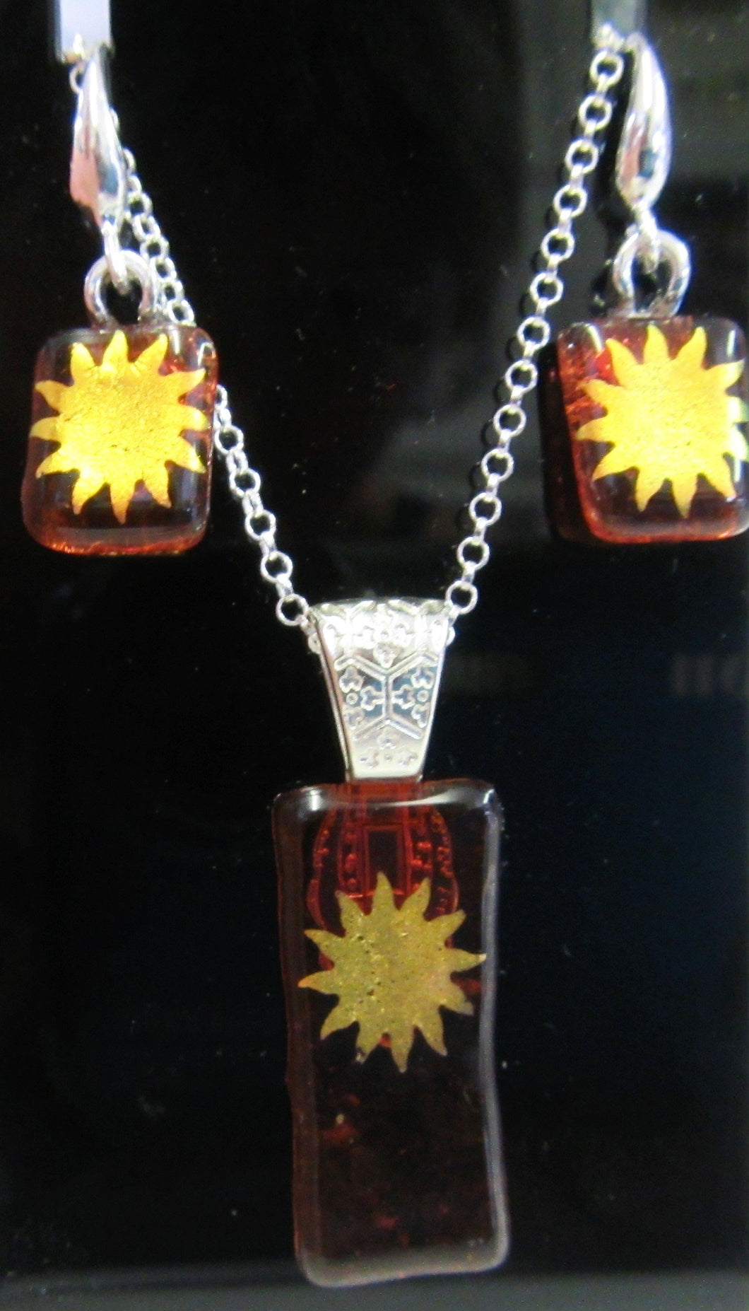 Handcrafted bronze glass with gold sun pattern necklace and earring set