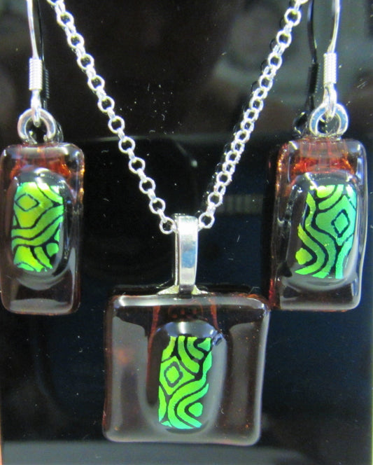 Handcrafted fused bronze and green dichroic glass necklace and earring set
