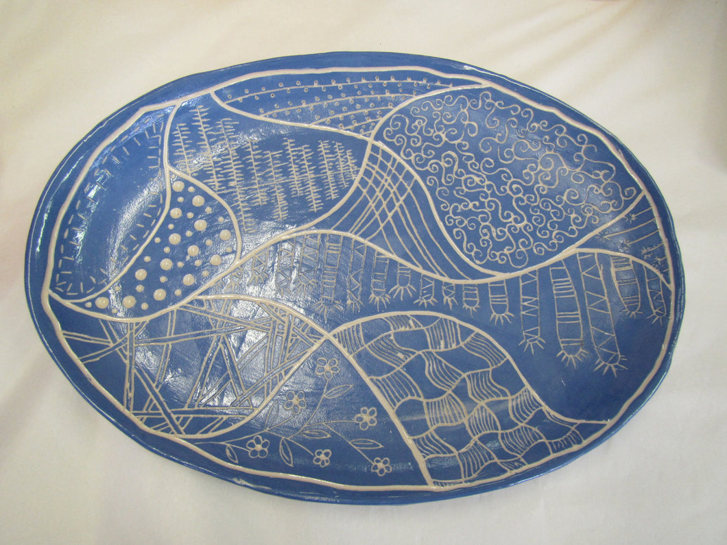 Handcrafted blue patterned ceramic platter