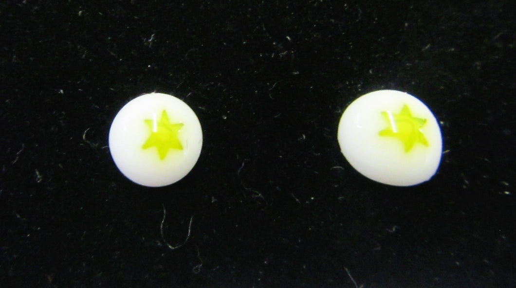 Handcrafted white and lime green star fused glass stud earrings