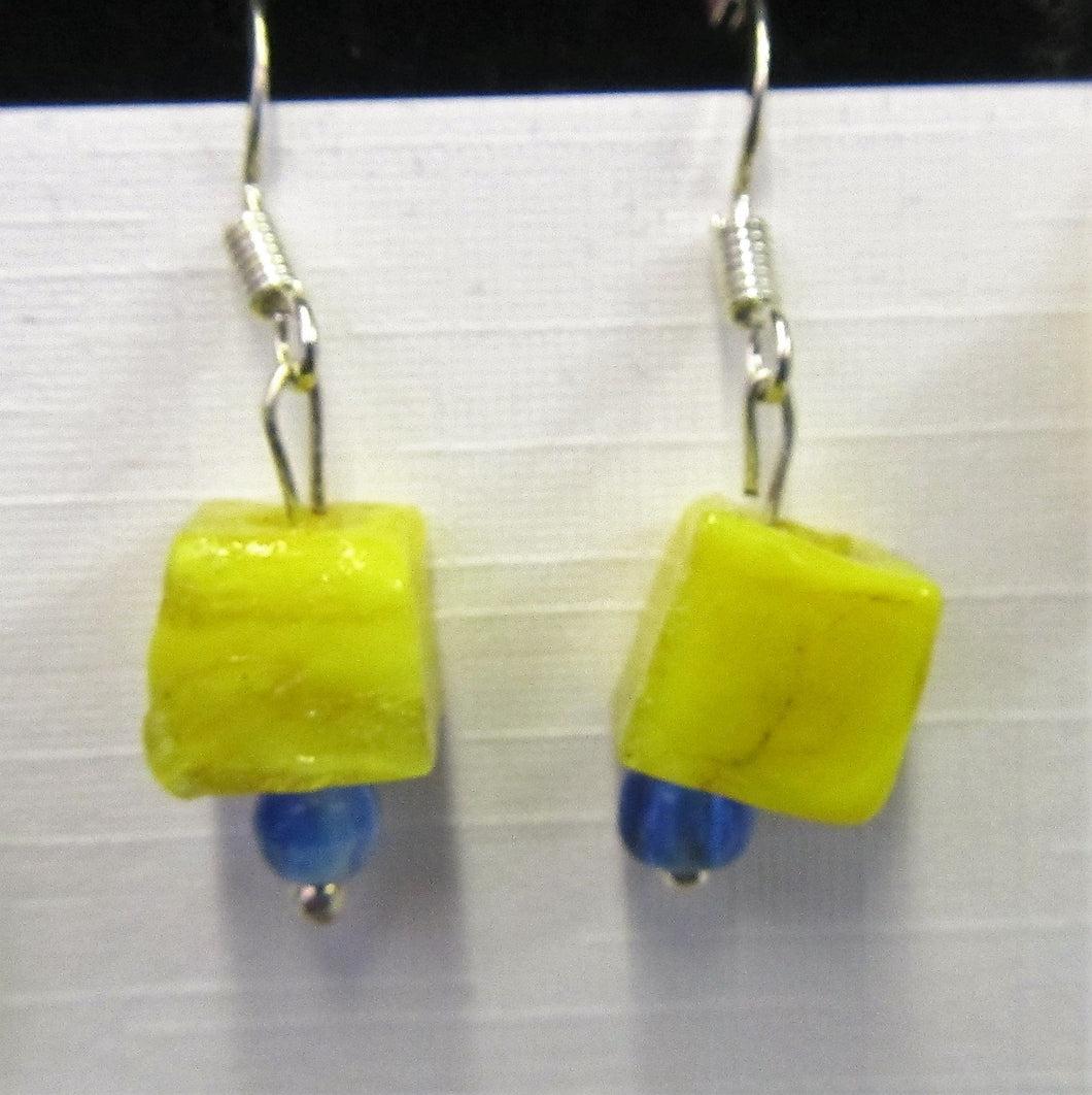 Handcrafted sterling silver yellow cube fused glass earrings 3 cm in length
