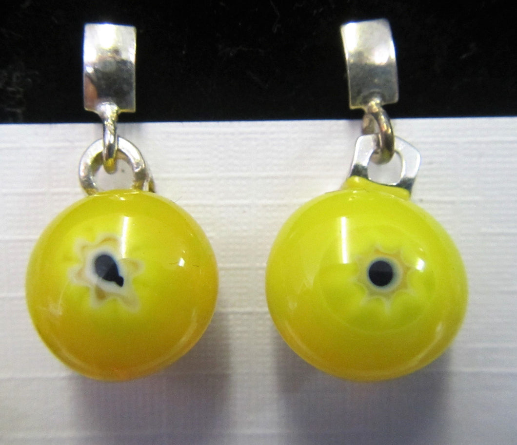Handcrafted sterling silver yellow fused glass earrings 2 cm in length