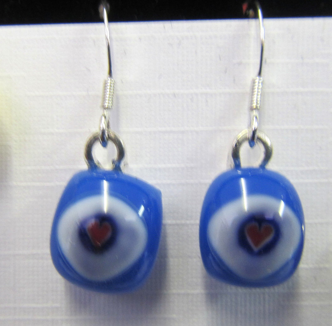 Handcrafted sterling silver blue with red hearts fused glass earrings 3 cm in length