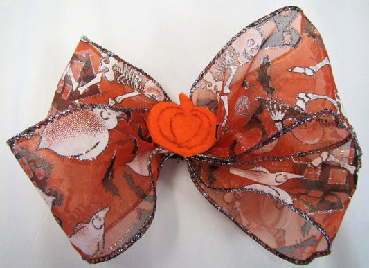 Handcrafted Halloween Bow - Orange Skeletons