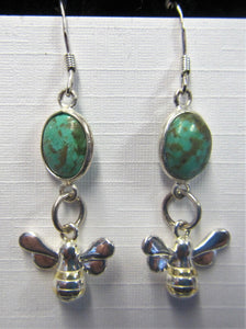 Handcrafted sterling silver turquoise bee earrings on sterling silver hooks