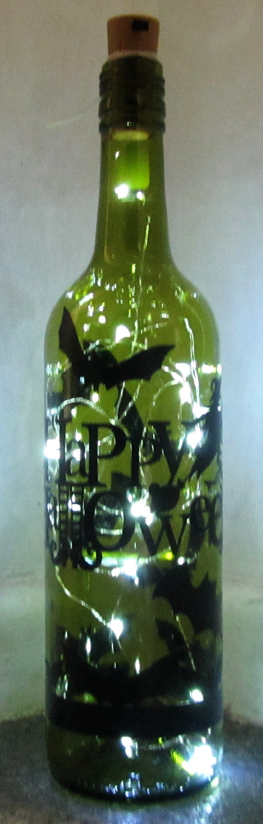 Purchase your Unique handcrafted Happy Halloween light up bottle with bats and witch