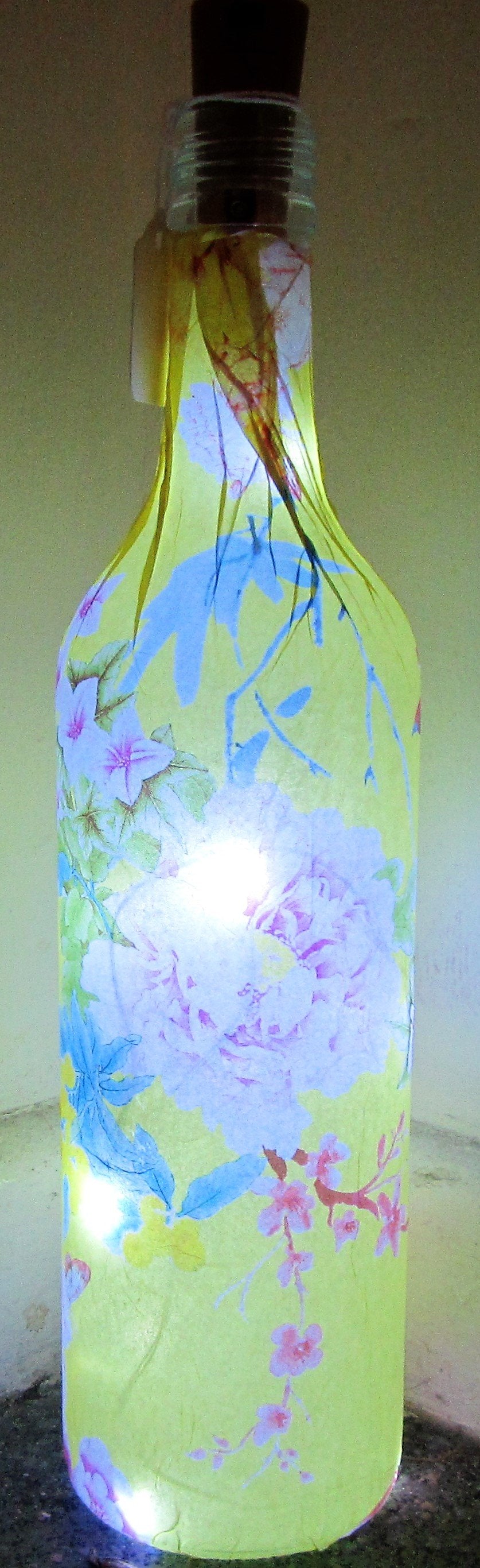 Unique handcrafted decoupage yellow vintage floral print up bottle