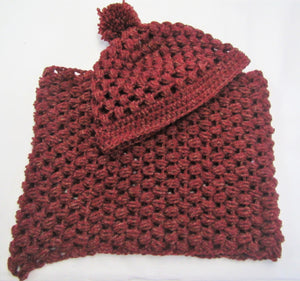Handcrafted crochet wine woollen hat and snood set