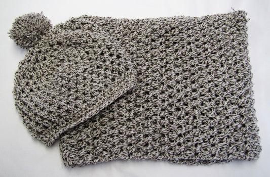 Handcrafted crochet white and brown woollen hat and snood set