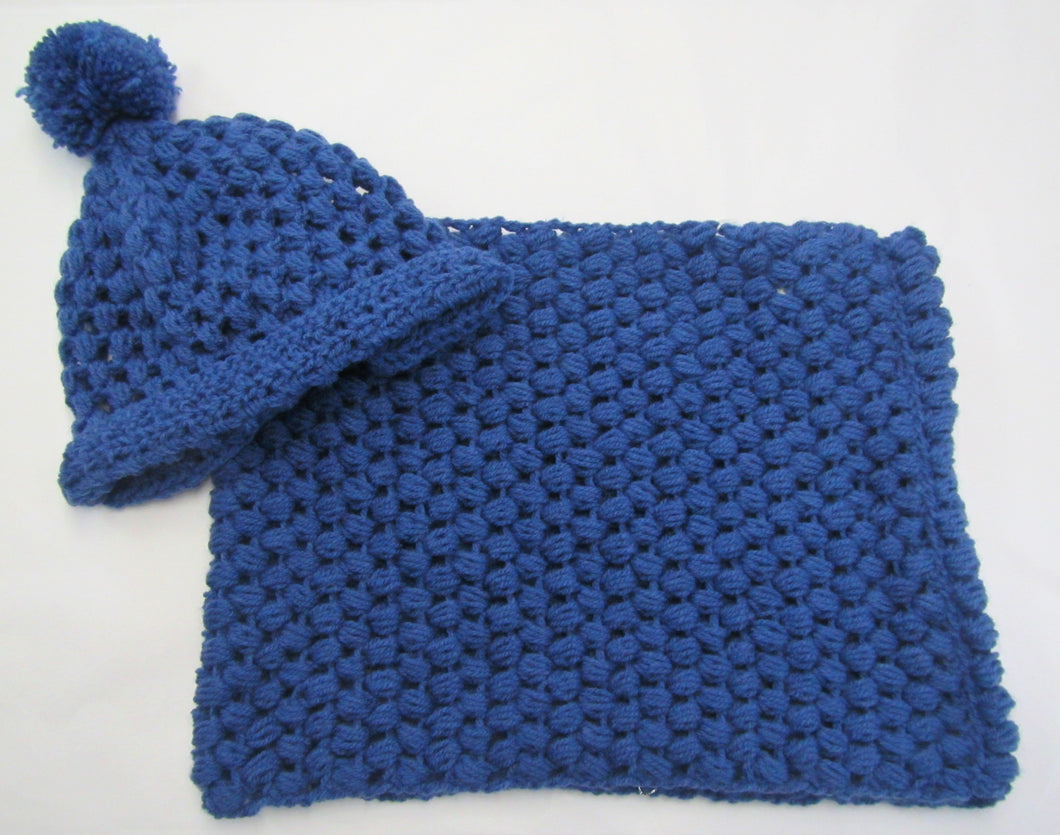 Handcrafted crochet blue woollen hat and snood set