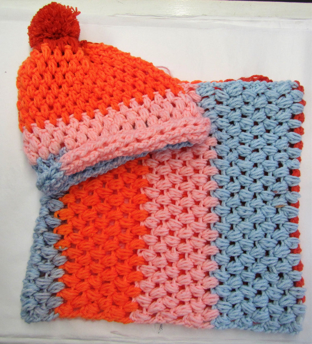 Handcrafted crochet pink, orange and blue woollen hat and snood set