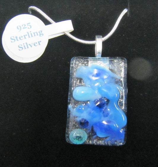 Handcrafted blue and clear fused glass pendant with 925 Silver necklace